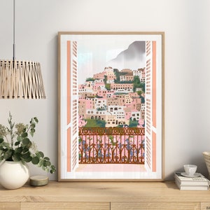 Positano through a window Illustration Art Print for Home wall, Travel Print, Special offer, gift for her him, A5, A4, A3, A2 unframed