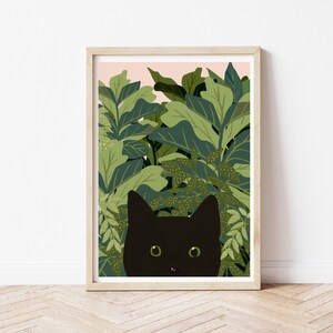 Personalised Black Cat with plants on a pink background art print  A4, A3, A2