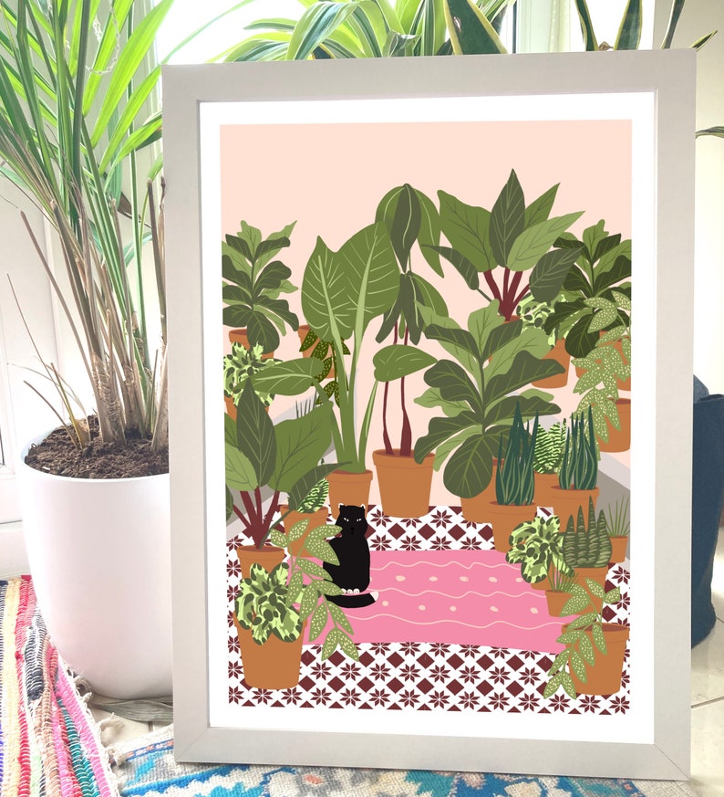 Personalised plant illustration with black cat, for cat lover, gift for her or him, special offer, a4 A3 image 6