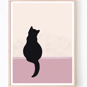 Personalised black cat on a pink wall and beige background, abstract, modern, Customisable, gift for her, him, cat lover, A4, A3, A2