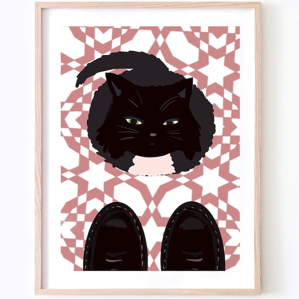 Personalisable back cat and feet illustrated print. Gift for home, for cat lover, a4, A3, A2