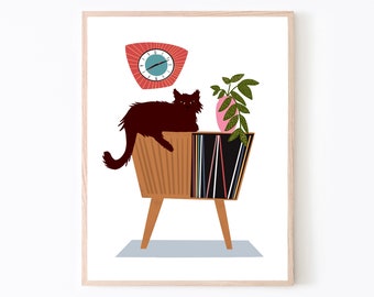 Personalised Mid century modern cat poster with record cabinet, plant, clock. Customised, cat gift poster, special offer,  A4, A3, A2
