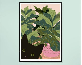 Personalised Black Cat with plants on a pink background art print A4, A3,
