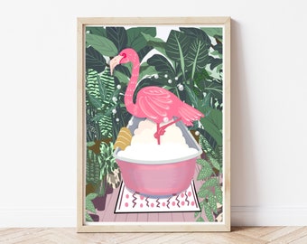 Flamingo in a bath in a forest on heavyweight paper, A4, A3, A2