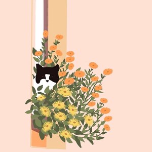 Personalisable cat in a window with plants and yellow and orange flowers on a pink background art print A4, A3, A2