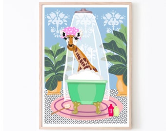 Giraffe in a shower bath in a colourful bathroom print on heavyweight paper, A4, A3, A2