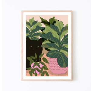 Personalised plant illustration with black cat. Special offer, gift for her, him. A5, A4, A3, A2