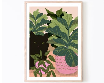 Personalized Black Cat Plant Print: Fiddle Leaf Fig Illustration