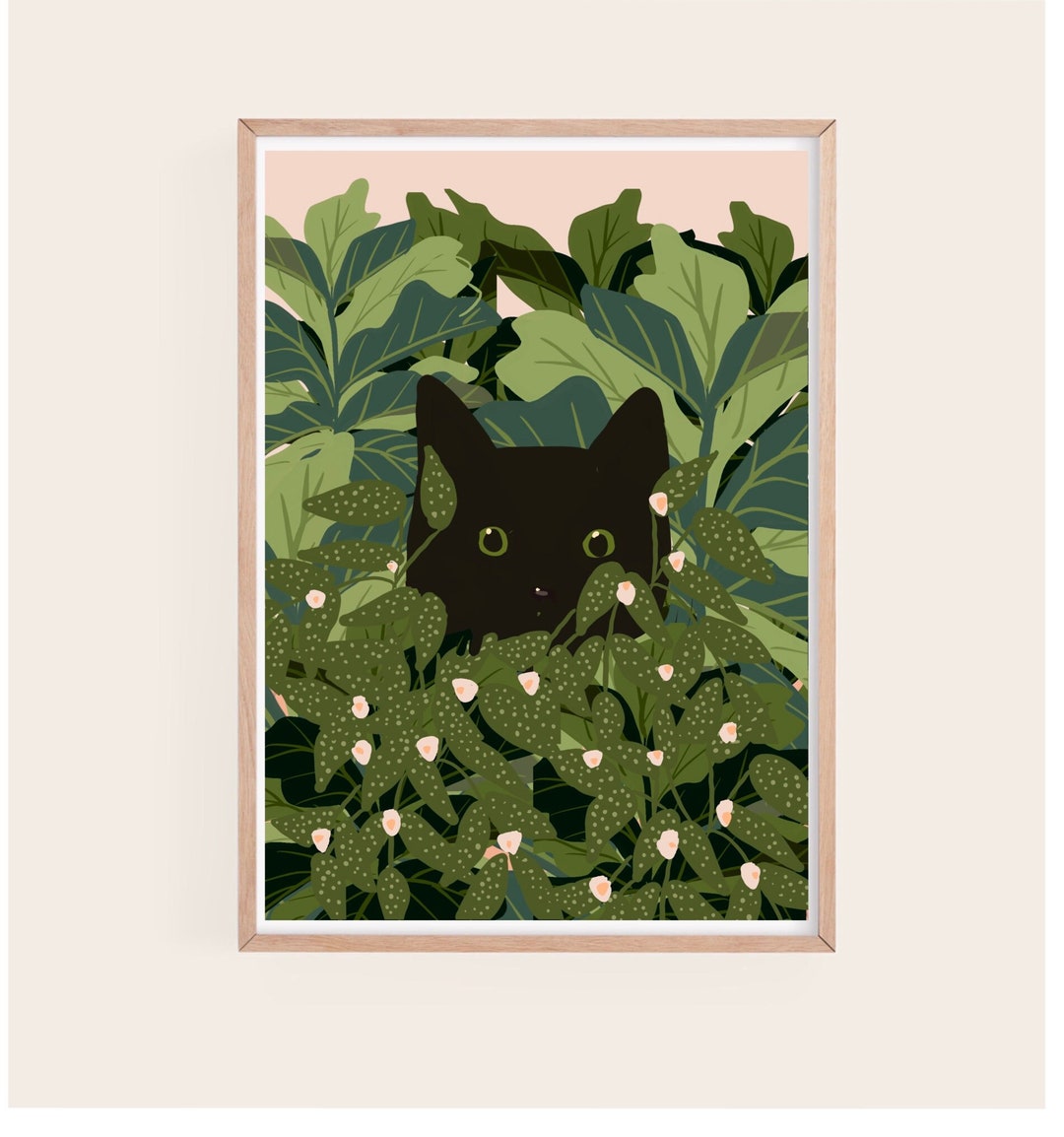 peeking black cat poster, cute cat print, home decor,... Instant Download Peeking Black Cat With Plants on a Pink Background Art ...