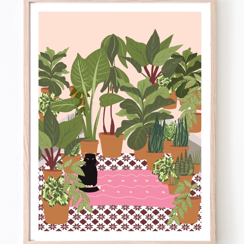 Personalised plant illustration with black cat, for cat lover, gift for her or him, special offer, a4 A3 image 3