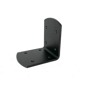 May include: A black, right-angle bracket with a rounded corner design. The bracket has multiple pre-drilled holes for mounting. The metal has a matte finish. The bracket is designed for structural support.