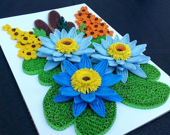 Lotus piquant avec cadre - nénuphar piquant - art de paysage floral - art floral quilling en papier - art mural quilling - décoration de studio de yoga