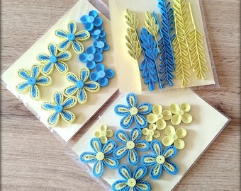 Set of 30 quilled pieces - Quilled flowers and greenery blue and yellow - Card / Craft Embellishments