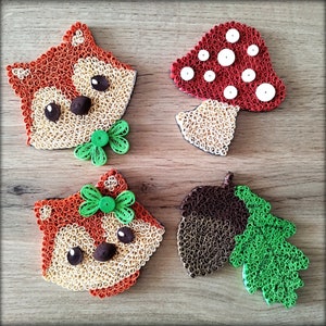 Quilling Set 2 Fuchs / 2 Pilz / 2 Acron mit Blatt - Set Quilled Papier Herbst Ornament - Herbst Deko - Wald Deko