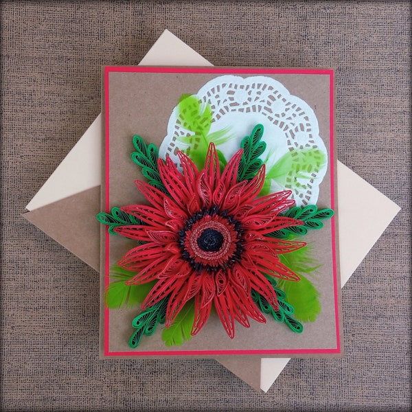 Quilling Gerbera Daisy Card  - Quilled Flower Card -  Anniversary Red Gerbera Card - Rustic Gift Wedding Card