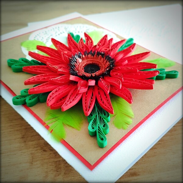 Quilling Gerbera Daisy Card with box - Quilled Flower Card -  Red Gerbera Card - Rustic Gift Wedding Card