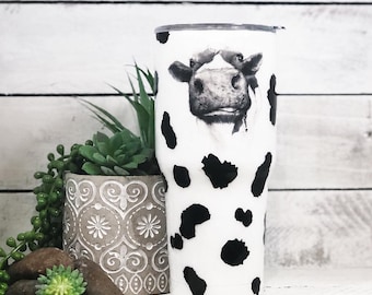 Cow Print Glitter Tumbler | Watercolor Cow Face, Farmhouse Drinkware