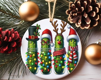 Funny Christmas Pickle Ornament – Holiday Pickle Family with Lights, Reindeer, and Santa Hats