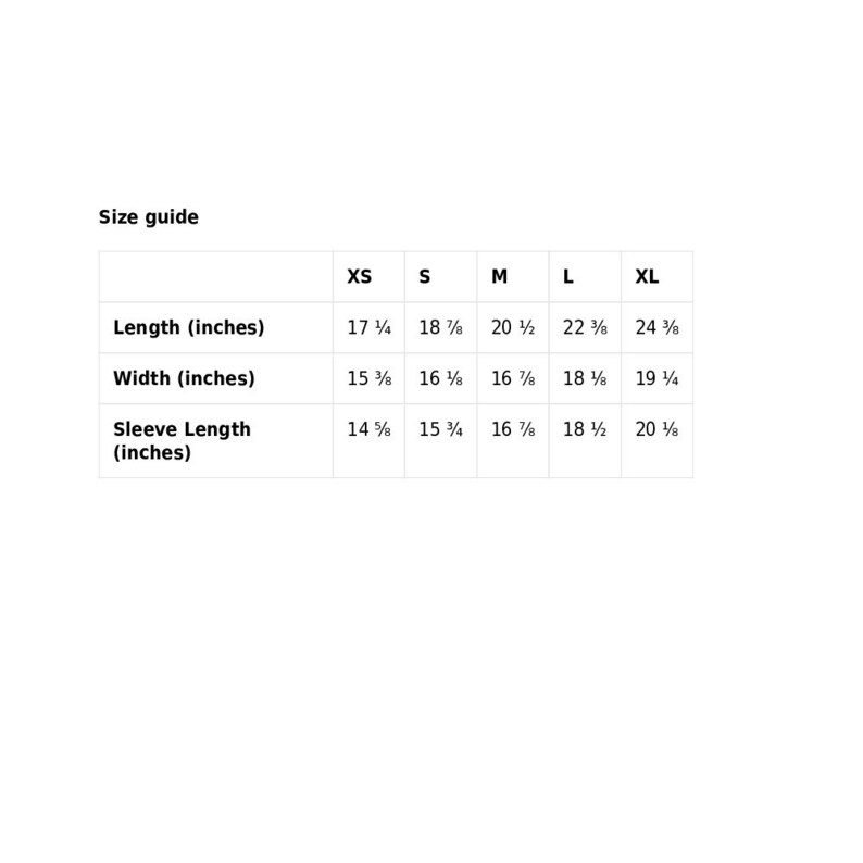 May include: Size guide chart for a garment with measurements in inches for XS, S, M, L, and XL sizes. The chart shows the length, width, and sleeve length of the garment.