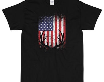 T-shirt con corna di cervo dalla coda bianca e bandiera americana da caccia al cervo S-5XL