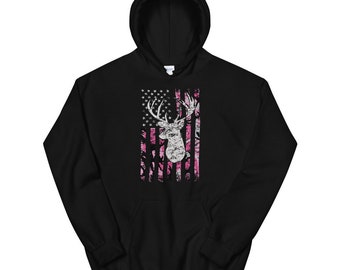 Buck Deer Hunting Pink Camouflage Flag Hunter Hoodie Sweatshirt (on front)