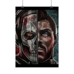 Puede incluir: Un póster con una imagen dividida de una cara, mitad calavera y mitad humana. El lado de la calavera tiene auriculares y el lado humano tiene un ojo azul. Ambos lados tienen marcas similares a la sangre. El póster está sujeto con clips negros.