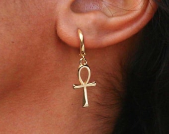 Gold Ankh Earrings, Egyptian Cross of Life Symbol Jewelry, Egypt Ankh Hoops, Protection Amulet