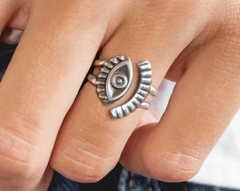 Silver Evil Eye Ring, Adjustable Evil Eye Band, Protection Amulet, Good Luck Ring, Mother&#39;s Day Gift + Free Gift Box + Low Shipping