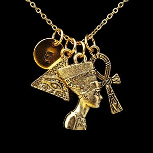 Gold Nefertiti, Eye of Horus, Ankh, Pyramid Charm Necklace, Ancient Egypt Symbols Jewelry, Personalized Monogram, Custom Initial Necklace