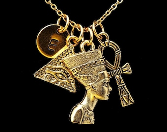 Gold Nefertiti, Eye of Horus, Ankh, Pyramid Charm Necklace, Ancient Egypt Symbols Jewelry, Personalized Monogram, Custom Initial Necklace