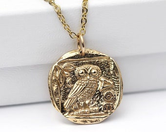 Owl of Athena Necklace, Bronze Athena's Owl Coin, Warrior Goddess Athena Replica Coin Necklace,  Ancient Mythology Necklace, Owl Jewelry