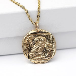 Owl of Athena Necklace, Bronze Athena&#39;s Owl Coin, Warrior Goddess Athena Replica Coin Necklace,  Ancient Mythology Necklace, Owl Jewelry
