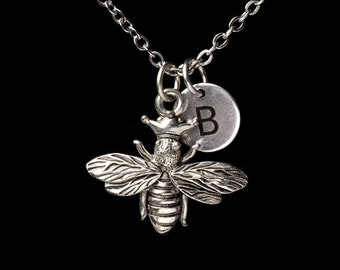 Queen Bee With Crown Necklace, Queen Bee Jewelry, Antique Silver Queen Bee, Personalized Monogram Necklace