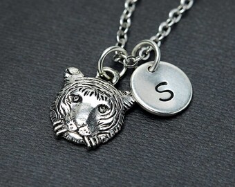 Silver Tiger Necklace, Small Tiger Head Charm Necklace, Tiger Jewelry, Personalized Monogram, Initial Necklace, Ready To Give