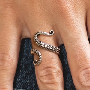 Anello in argento a forma di polpo, anello con tentacolo, fascia regolabile a forma di polpo, oceano, gioielli con vita marina, regalo per la festa della mamma + scatola regalo gratuita + spedizione economica