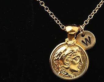 Alexander the Great Necklace, Gold Coin Necklace, Coin Charm Necklace, Alexander The Great Pendant, Personalized Initial Necklace, G25