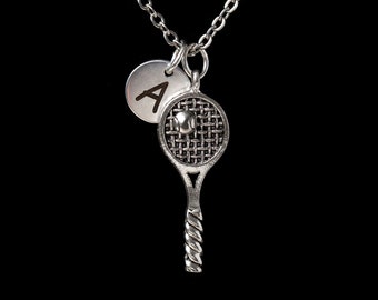 Silver Tennis Racket Charm Necklace, Tennis Jewelry, Tennis Player, Team Gift, Tennis Sport Personalized Monogram, Initial Necklace