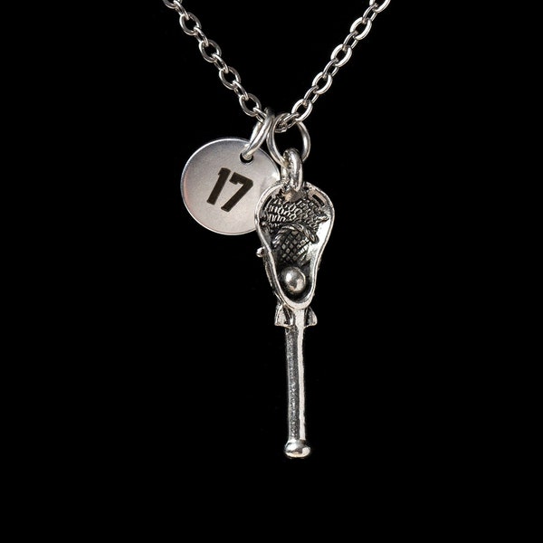 Silver Lacrosse Stick Necklace, Lacrosse Jewelry, Lacrosse Team Number, Lacrosse Player, Team Gift, Personalized Number, Initial Necklace