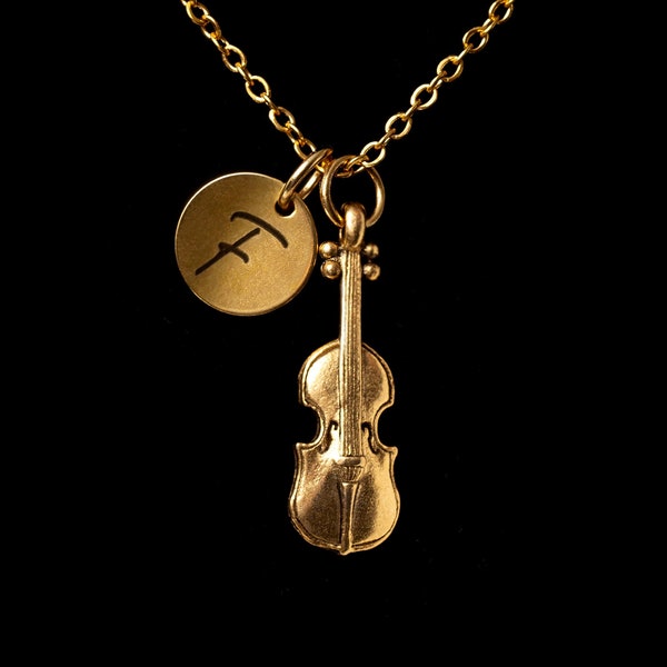 Gold Violin Charm Necklace, Fiddle Musical Instrument Pendant, Violin Jewelry, Violinist Necklace, Personalized Monogram, Initial Necklace