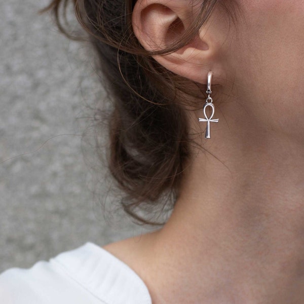 Silver Ankh Earrings, Protection Amulet, Egyptian Cross Symbol Jewelry, Egypt Ankh Hoops