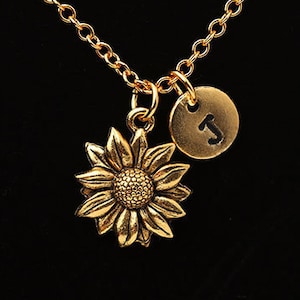 Antique Gold Sunflower Necklace, Gold Flower Necklace, Sunflower Charm, Gold Daisy Flower, Personalized Monogram, Initial Necklace
