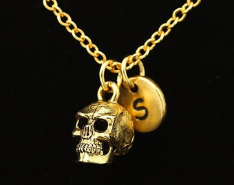 3D Skull Head Necklace, Antique Gold Skull Necklace, Skull Charm Necklace, Skull Head Charm, Personalized Monogram, Initial Necklace