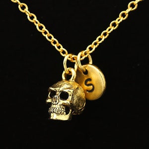 3D Skull Head Necklace, Antique Gold Skull Necklace, Skull Charm Necklace, Skull Head Charm, Personalized Monogram, Initial Necklace