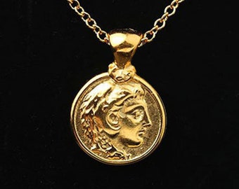 Alexander de grote ketting, gouden munt ketting, replica munt charme ketting, Alexander de grote hanger, klaar om te geven