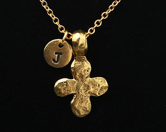 Hammered Gold Cross Necklace, Cross Pendant, Ancient Cross, Christian Necklace, Christian Jewelry, Personalized Monogram, Initial Necklace