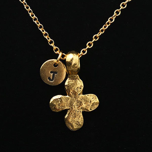 Hammered Gold Cross Necklace, Cross Pendant, Ancient Cross, Christian Necklace, Christian Jewelry, Personalized Monogram, Initial Necklace