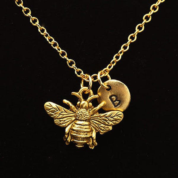Honey Bee Necklace, Antique Gold Bee Necklace, Custom Honey Bee Charm Necklace, Honey Bee Charm, Personalized Monogram, Initial Necklace