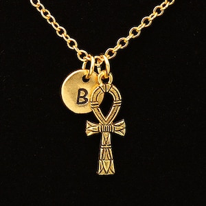 Gold Ankh Necklace, Symbol Of Life Necklace, Egyptian Jewelry, Egyptian Pendant, Personalized Monogram, Initial Necklace