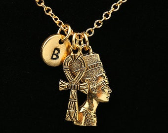 Nefertiti Necklace, Ankh Necklace, Egyptian Jewelry, Egyptian Queen Necklace, Personalized Monogram, Initial Necklace
