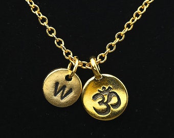 Gold Om Necklace, Om Symbol Necklace, Om Charm, Meditation Necklace, Personalized Monogram, Initial Necklace, Ready To Give, C63